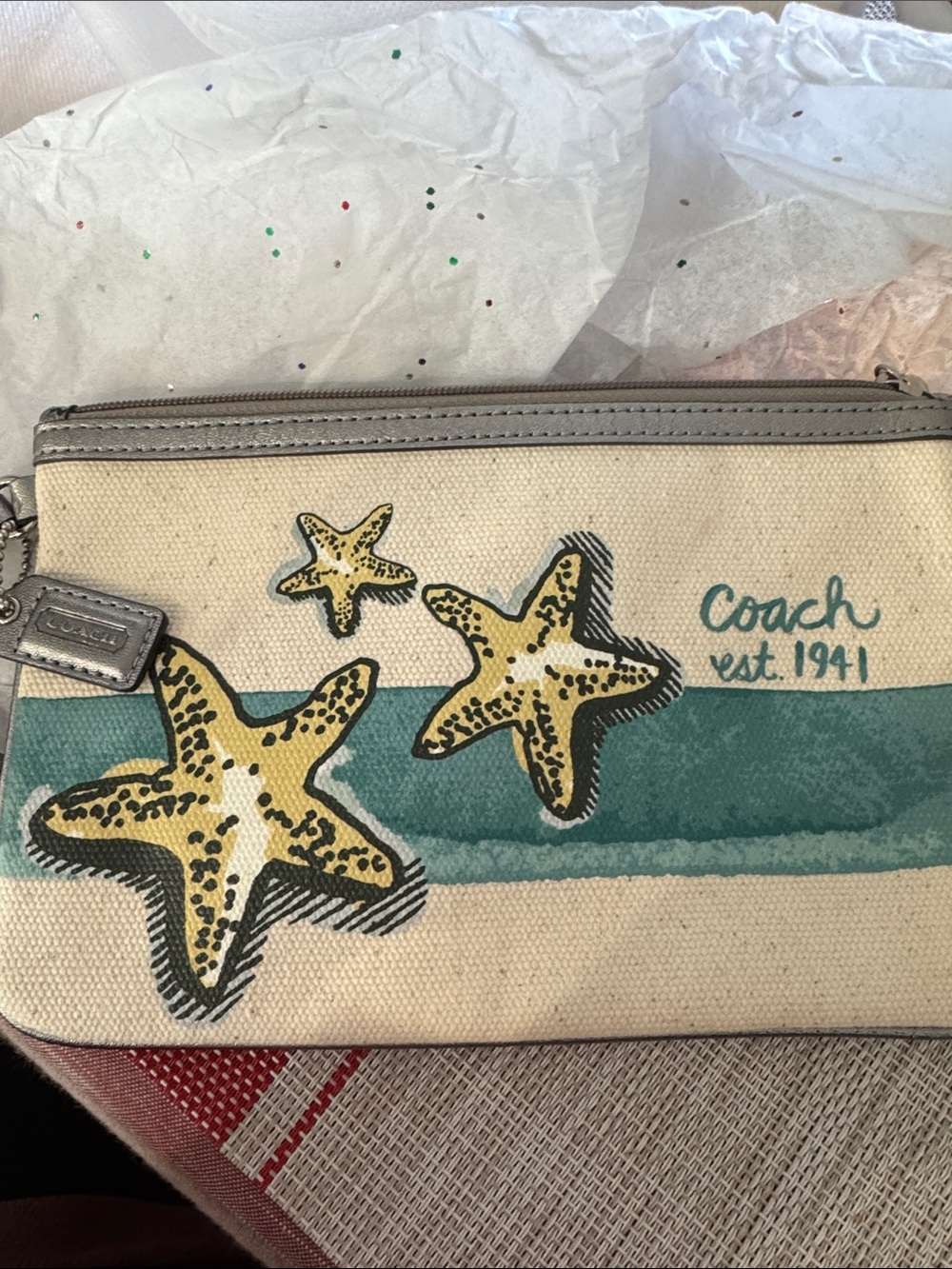 Coach Cream Canvas Wristlet with Teal Stripe and Yellow Starfish - Picture 2 of 6